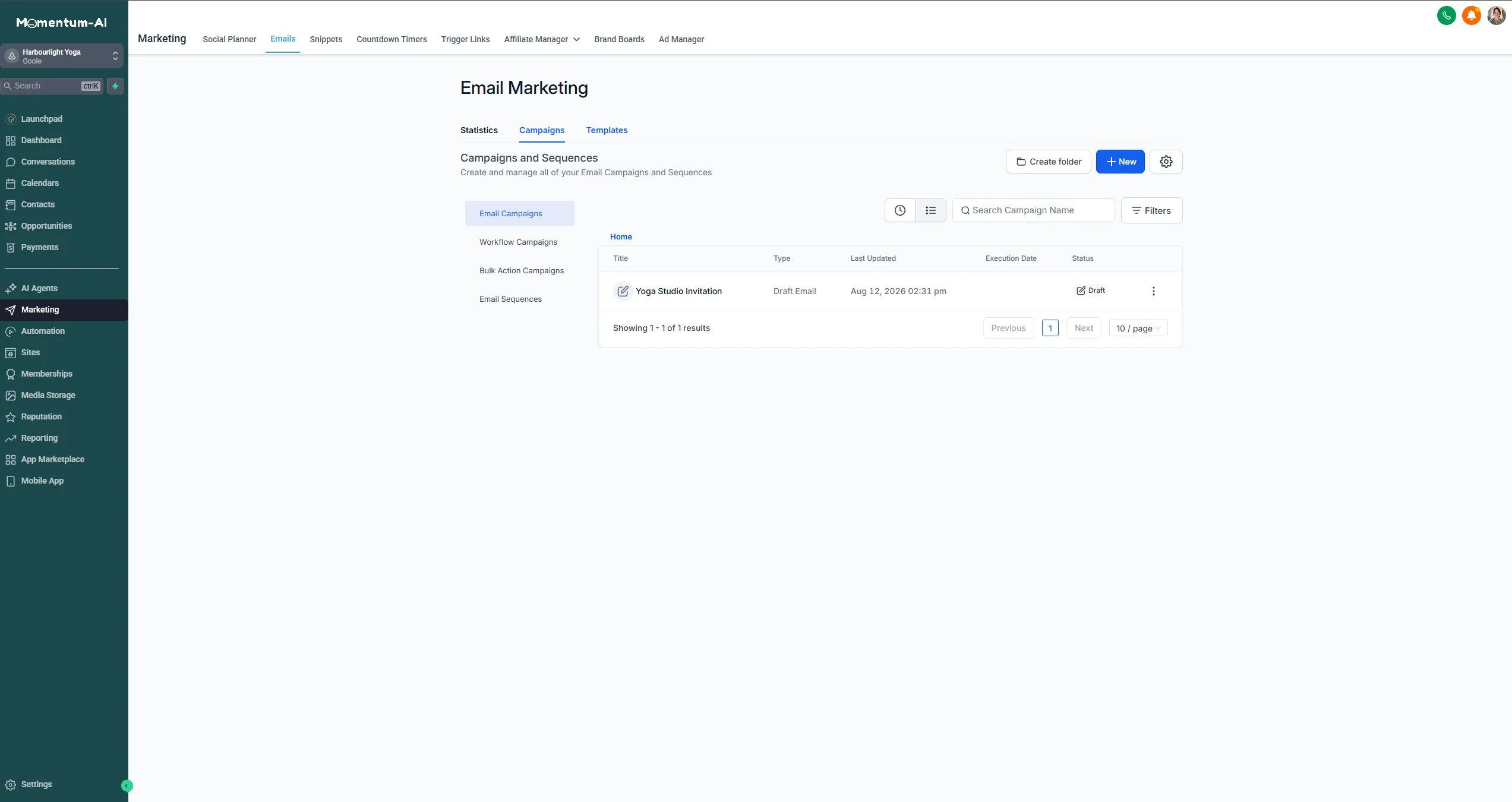 The Email Marketing home, with the campaigns list and the button for starting a new one.