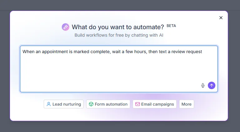 The AI workflow builder asking what you want to automate, with the review-request description typed in plain English.