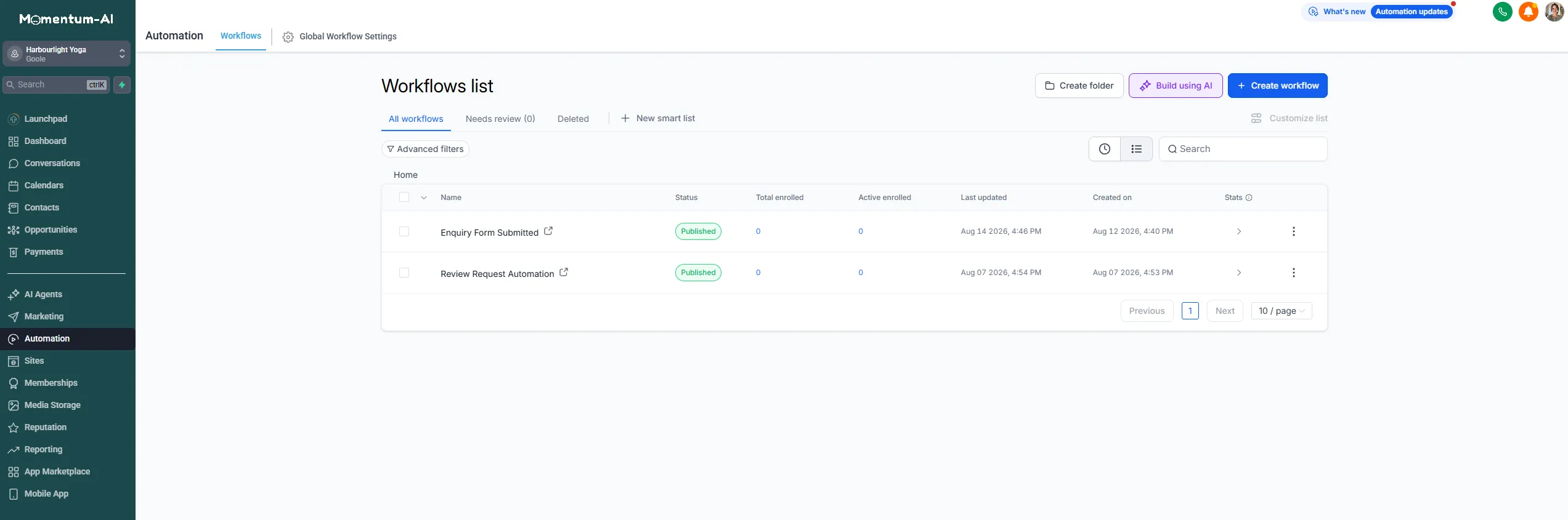 The Automations area with the workflows list and the create-workflow button in the top corner.
