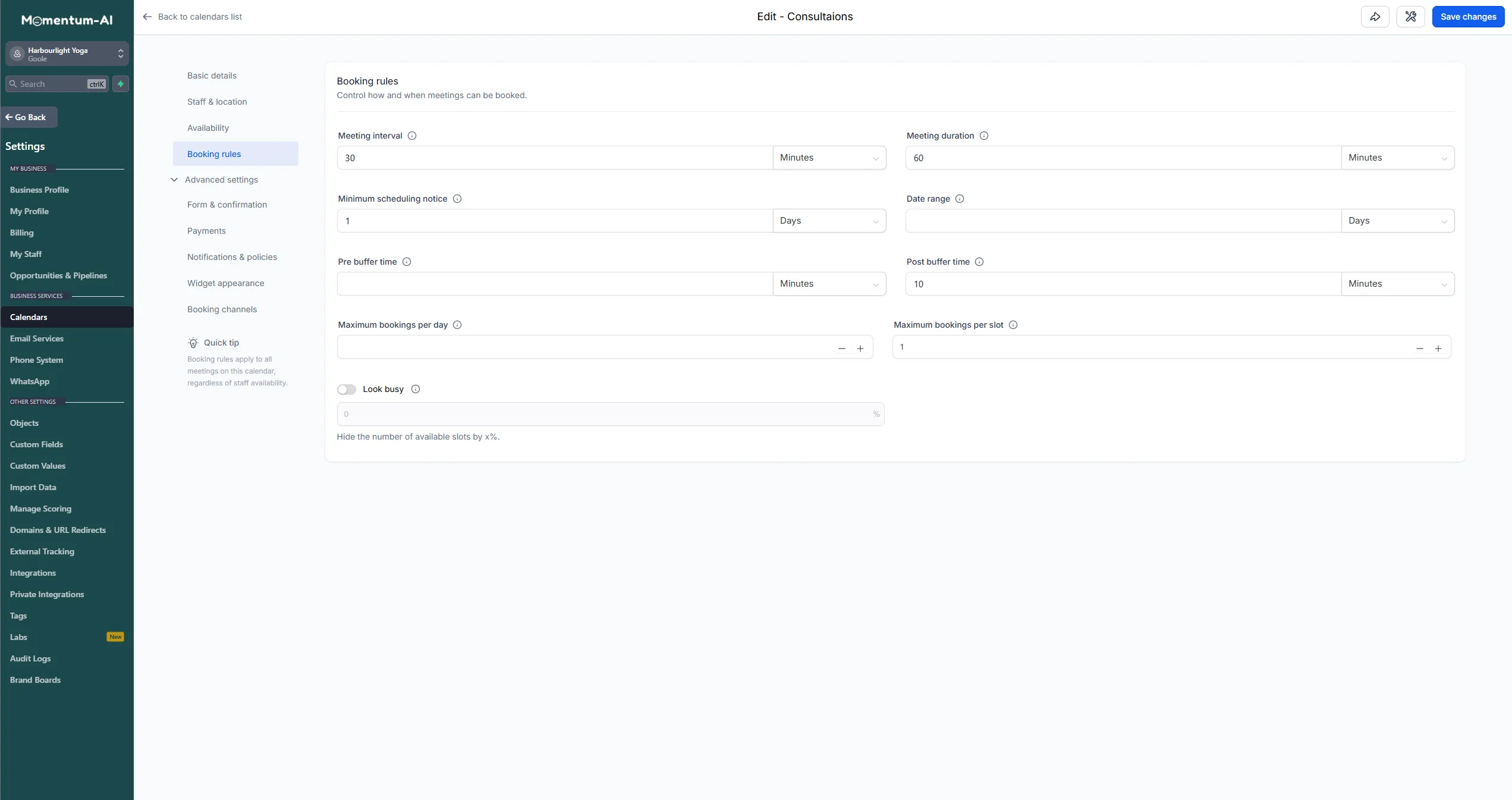The calendar’s booking rules: meeting duration, scheduling notice and buffer times