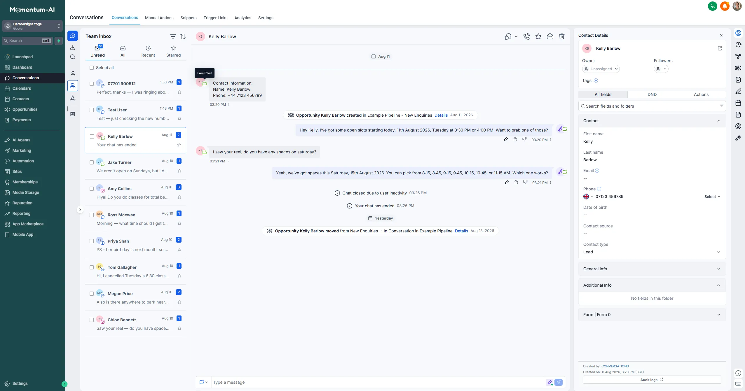 The team inbox with the Unread and All tabs, each conversation showing its channel icon and latest message.