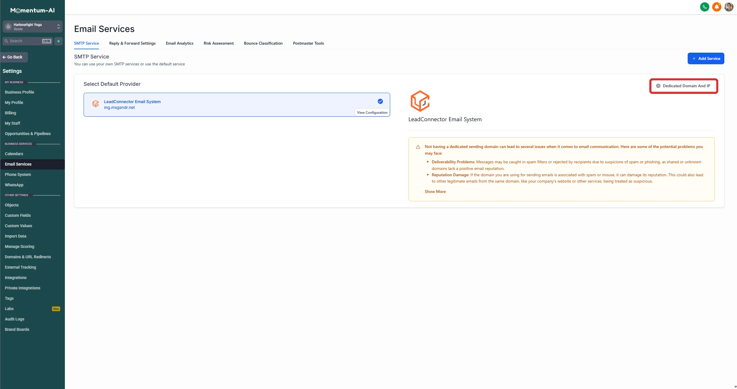The Email Services screen with the Dedicated Domain And IP button highlighted