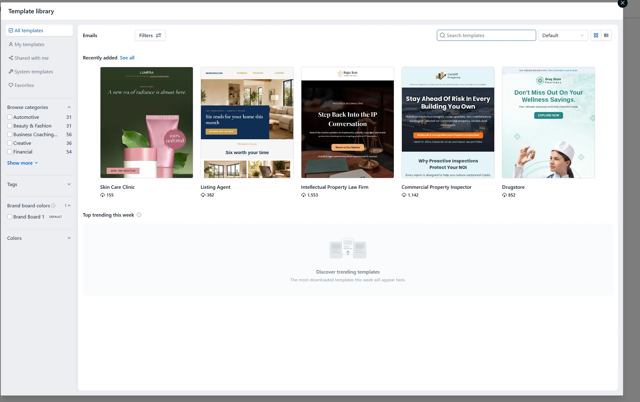 The template gallery for a new campaign, with ready-made layouts grouped by business type.