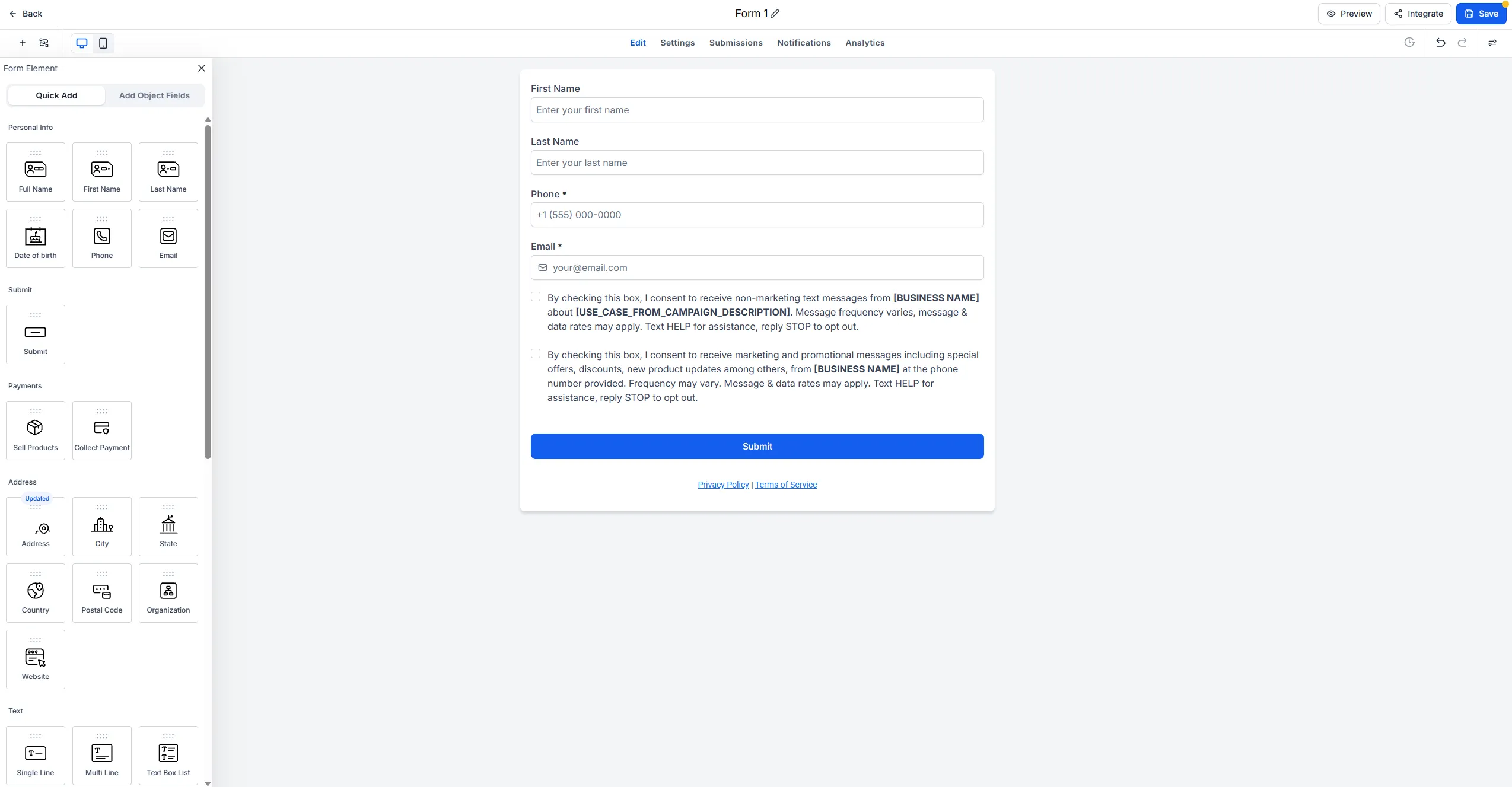 The form builder with the starter form already in place: name, phone and email fields, two consent checkboxes and a submit button.