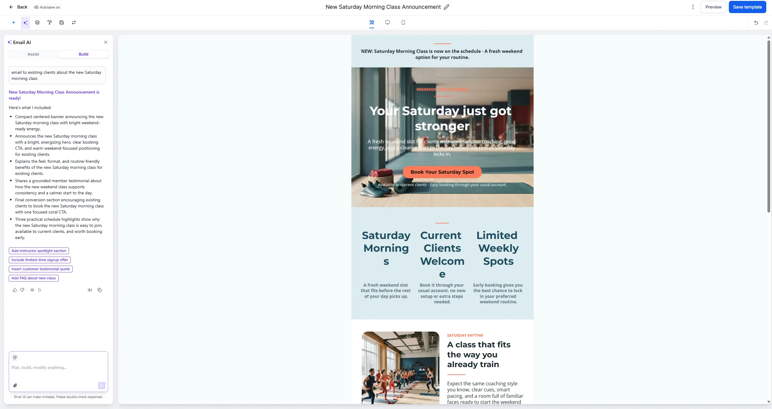 A finished announcement email in the builder, with the brief on the left and the generated draft on the right.