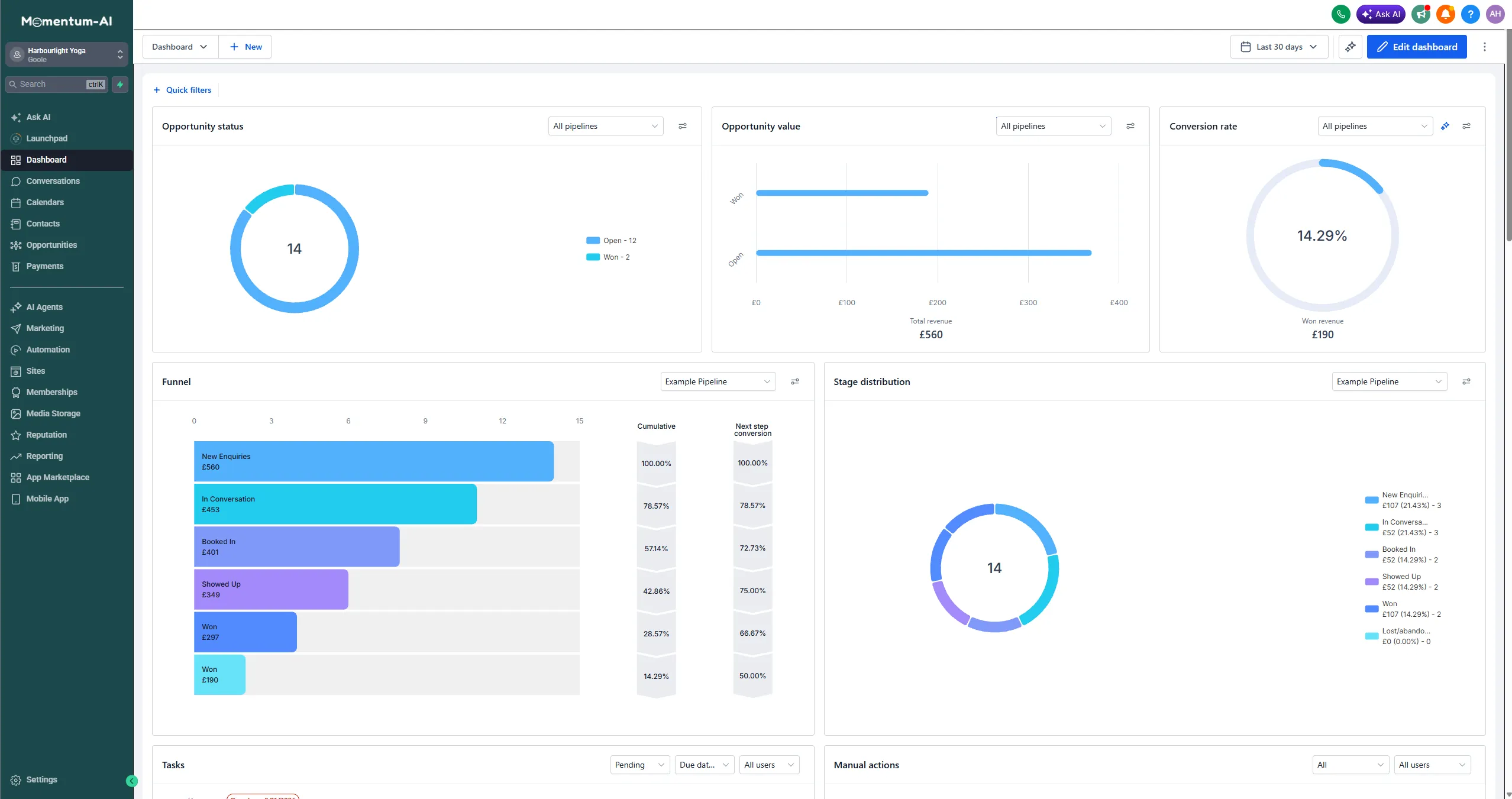 The Momentum-AI dashboard, with the left navigation listing Conversations, Calendars, Contacts, Opportunities and Payments