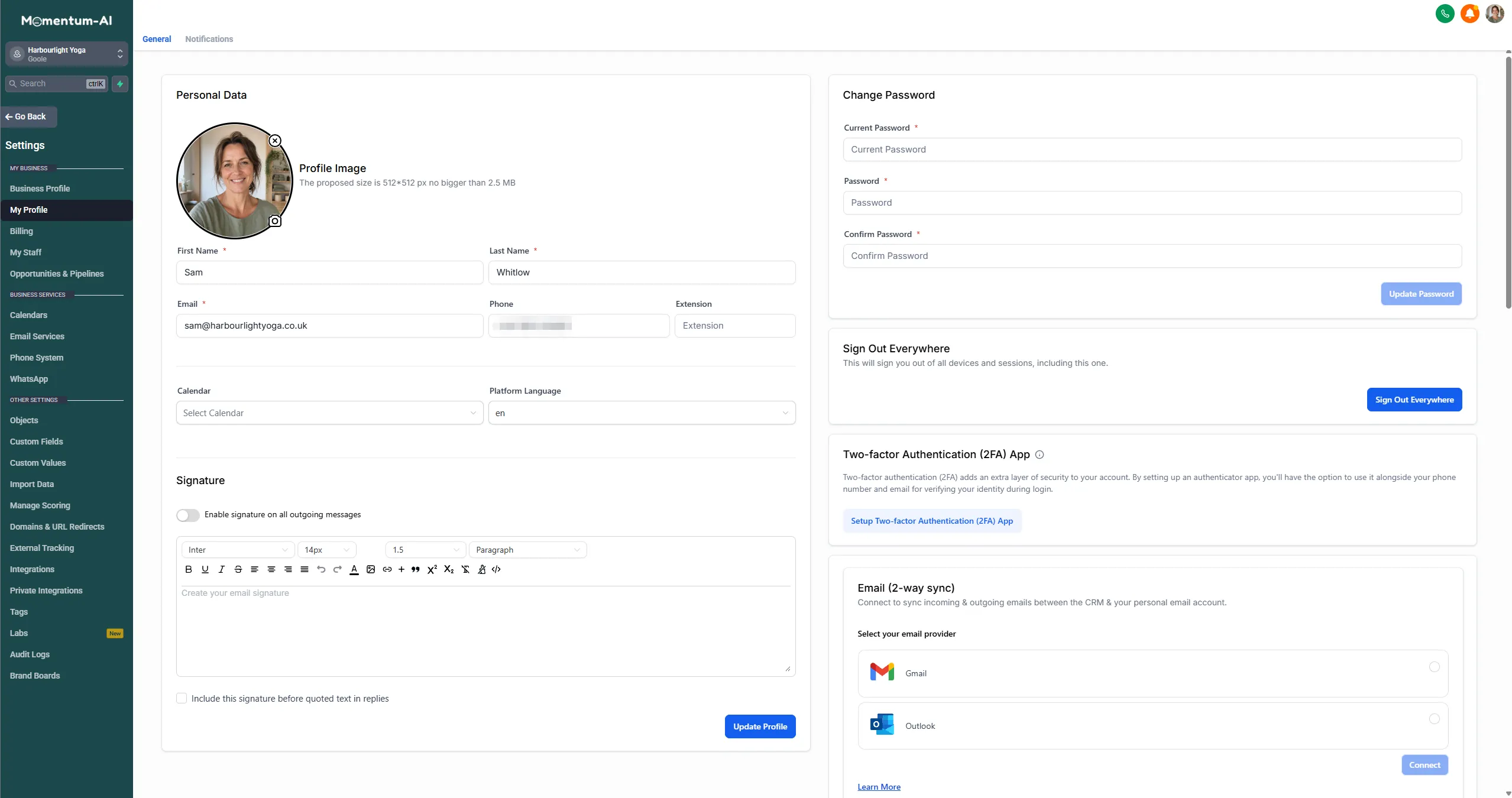 The My Profile screen with the name, profile photo and mobile number fields under Personal Data