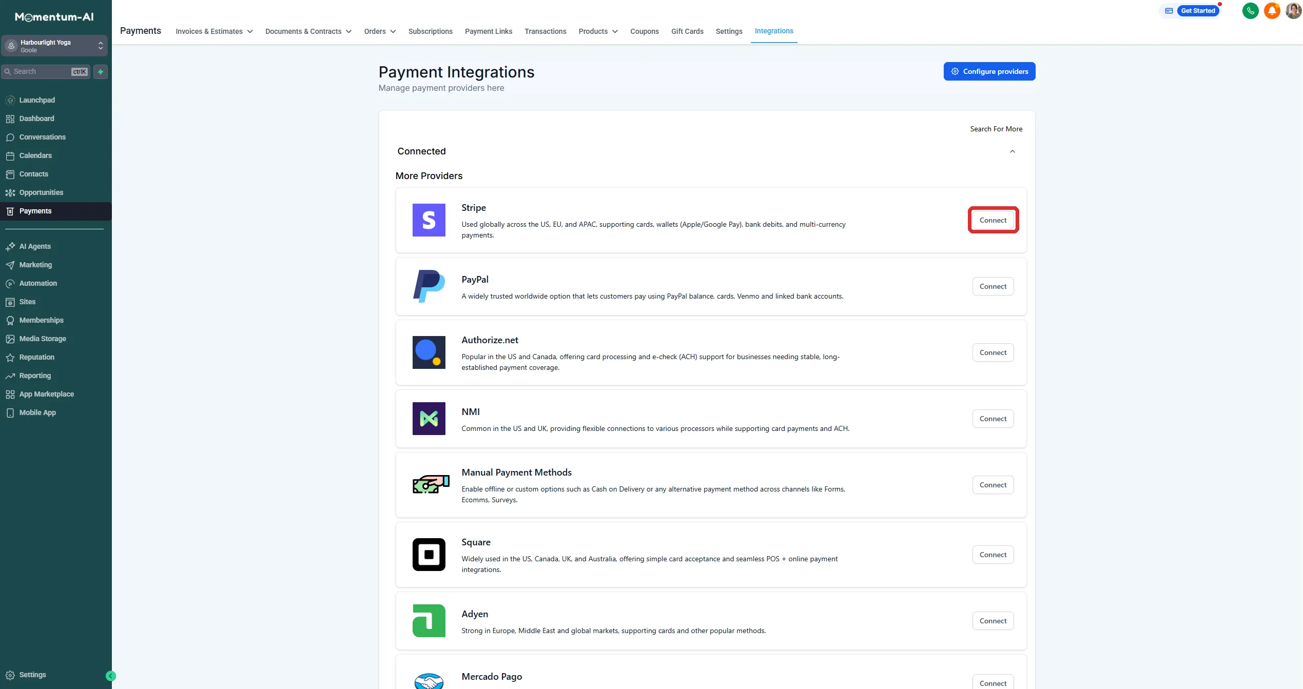 The payment integrations page listing available providers, with the Connect button on the Stripe row picked out.