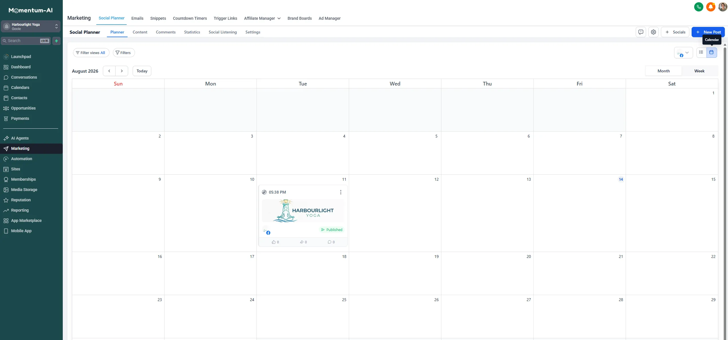 The Social Planner calendar view with the connected account picker at the top and a near-empty month ahead.