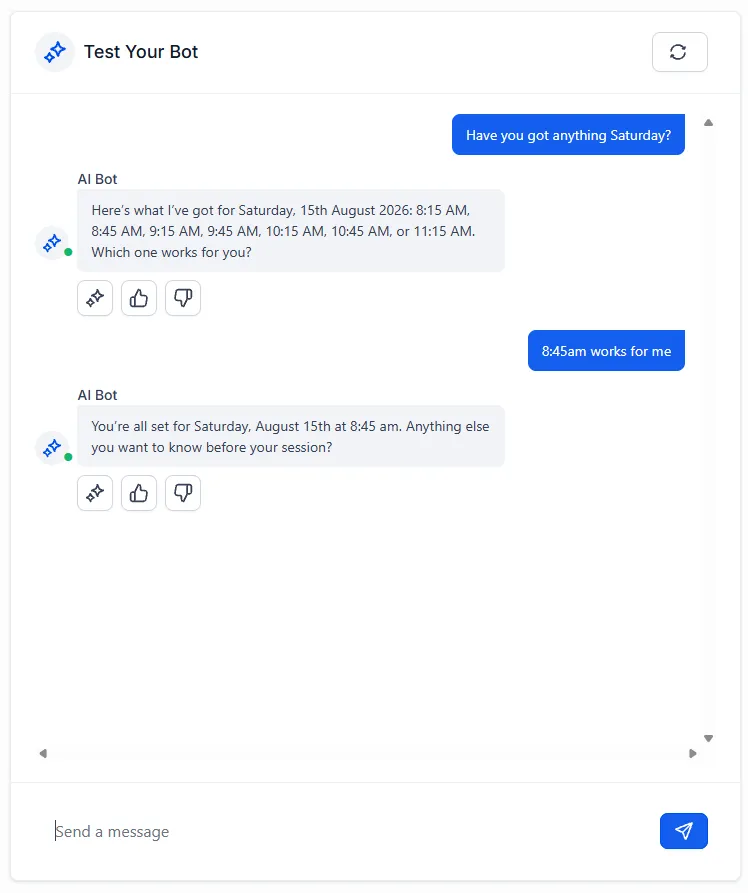 A test conversation where the AI offers real Saturday slots and confirms the chosen one
