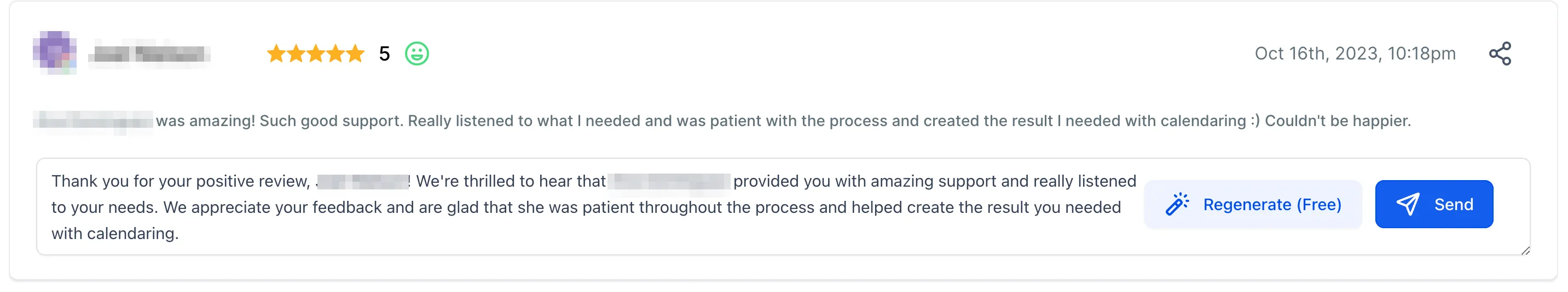 A five-star review with an AI-drafted reply beneath it, ready to regenerate or send.