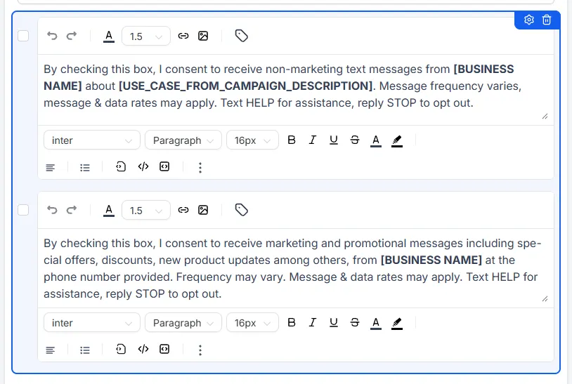 The text settings for both consent checkboxes, with the square-bracket placeholders for business name and messaging purpose ready to fill in.