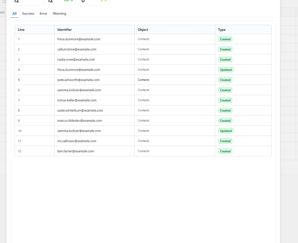 The import status list after a run, most rows marked Created and the two duplicate rows marked Updated.