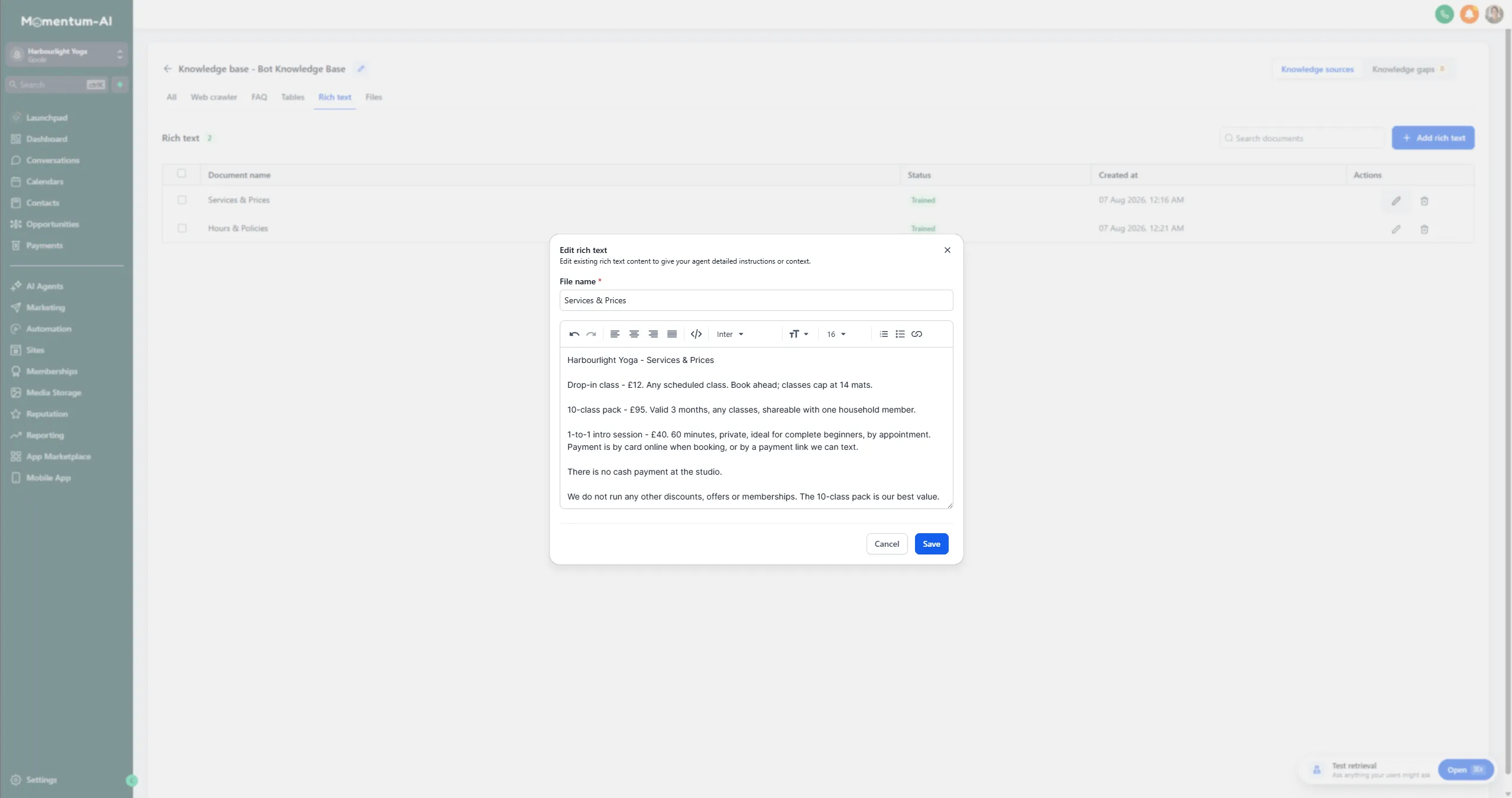 A Services &amp; Prices document open in the knowledge base, with real prices and policies entered