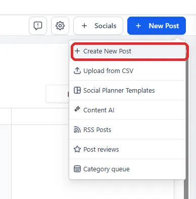 The New Post menu opened from the planner, with Create New Post picked out.