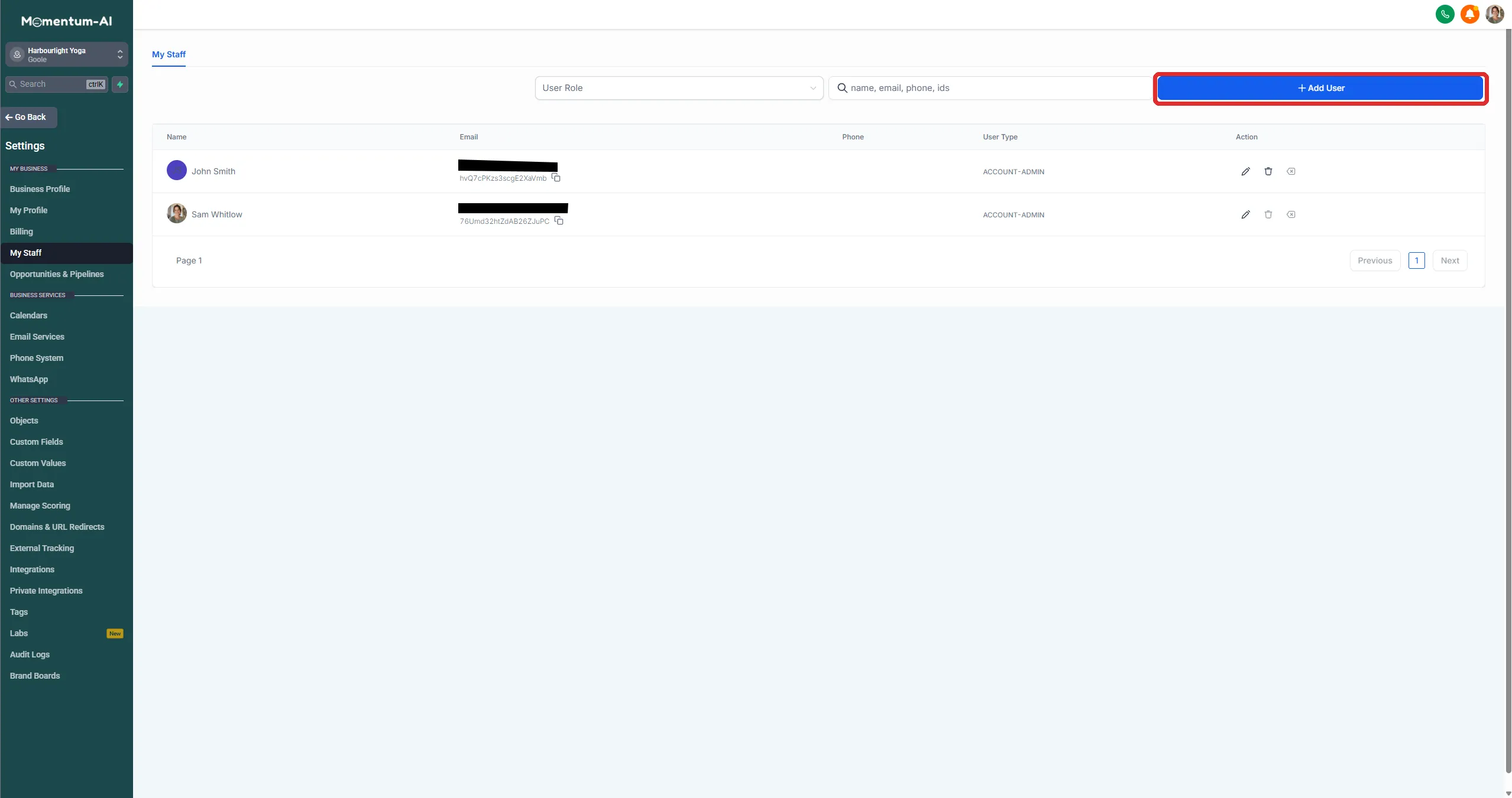 The Team screen showing the staff list, with the Add User button highlighted