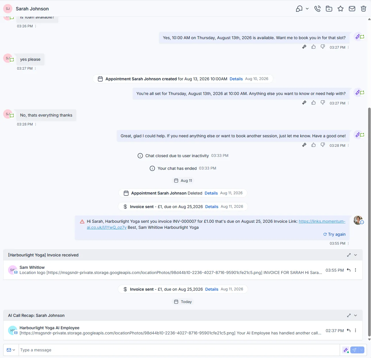 One conversation’s full history in a single thread, from the first enquiry through the AI-handled booking to the appointment confirmation.
