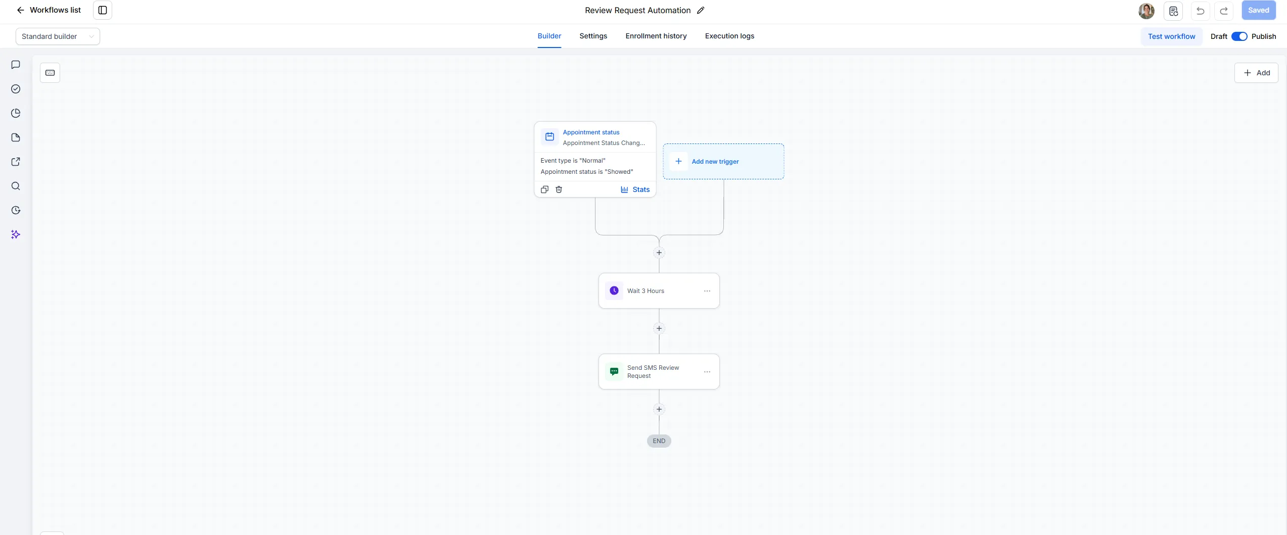 The finished workflow on the canvas: an appointment-status trigger, a three-hour wait, then the review-request text.