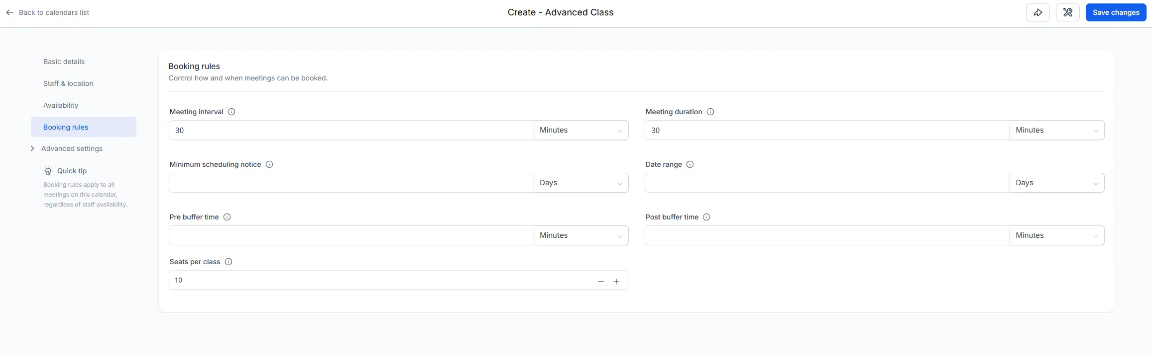 The Booking rules screen: meeting interval and duration, minimum scheduling notice, date range, pre and post buffers, and seats per class.