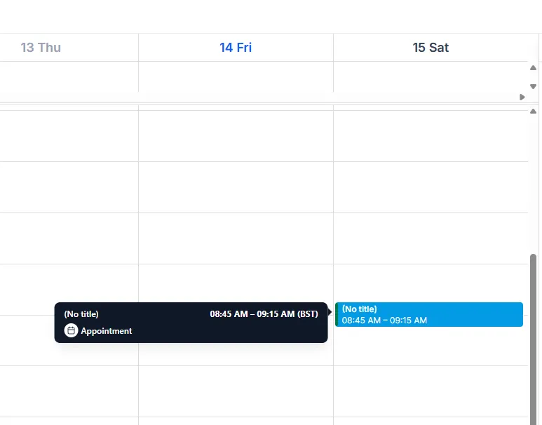 The booked appointment sitting in the Saturday column of the calendar
