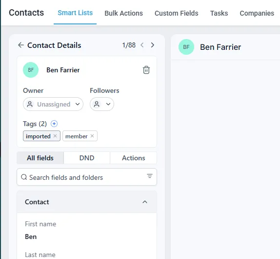 A contact record’s Tags area with the imported and member tags applied.