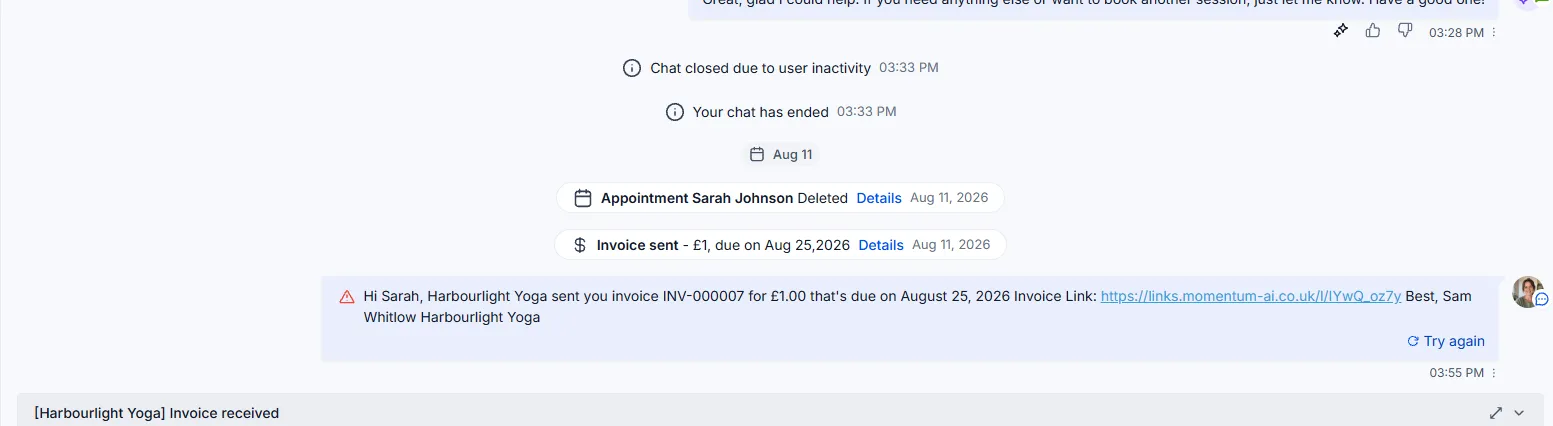 A conversation thread with the payment request sent as a message, the invoice link landing directly in the chat.