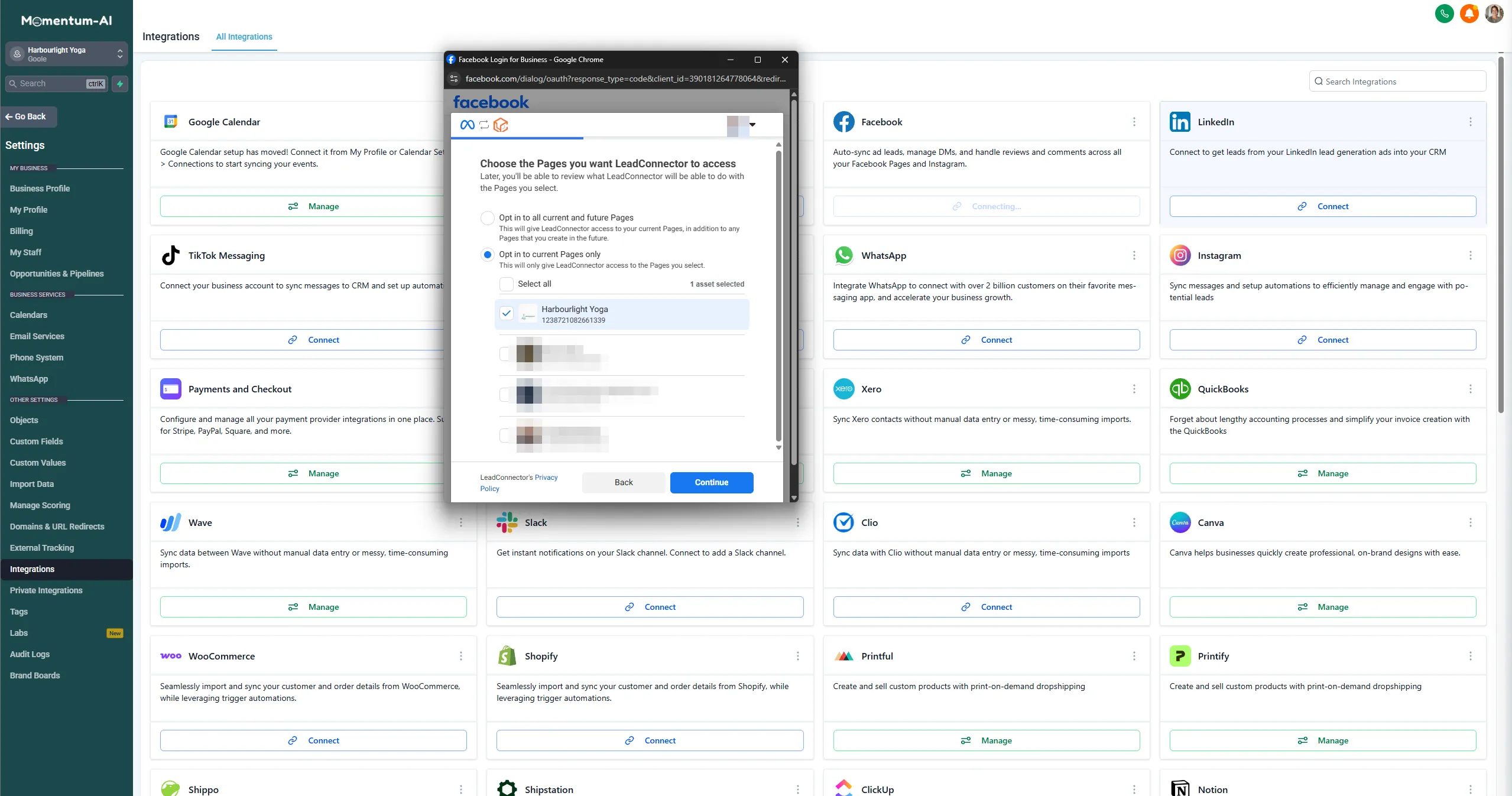 The Facebook authorisation window asking which pages to share, with the business page ticked