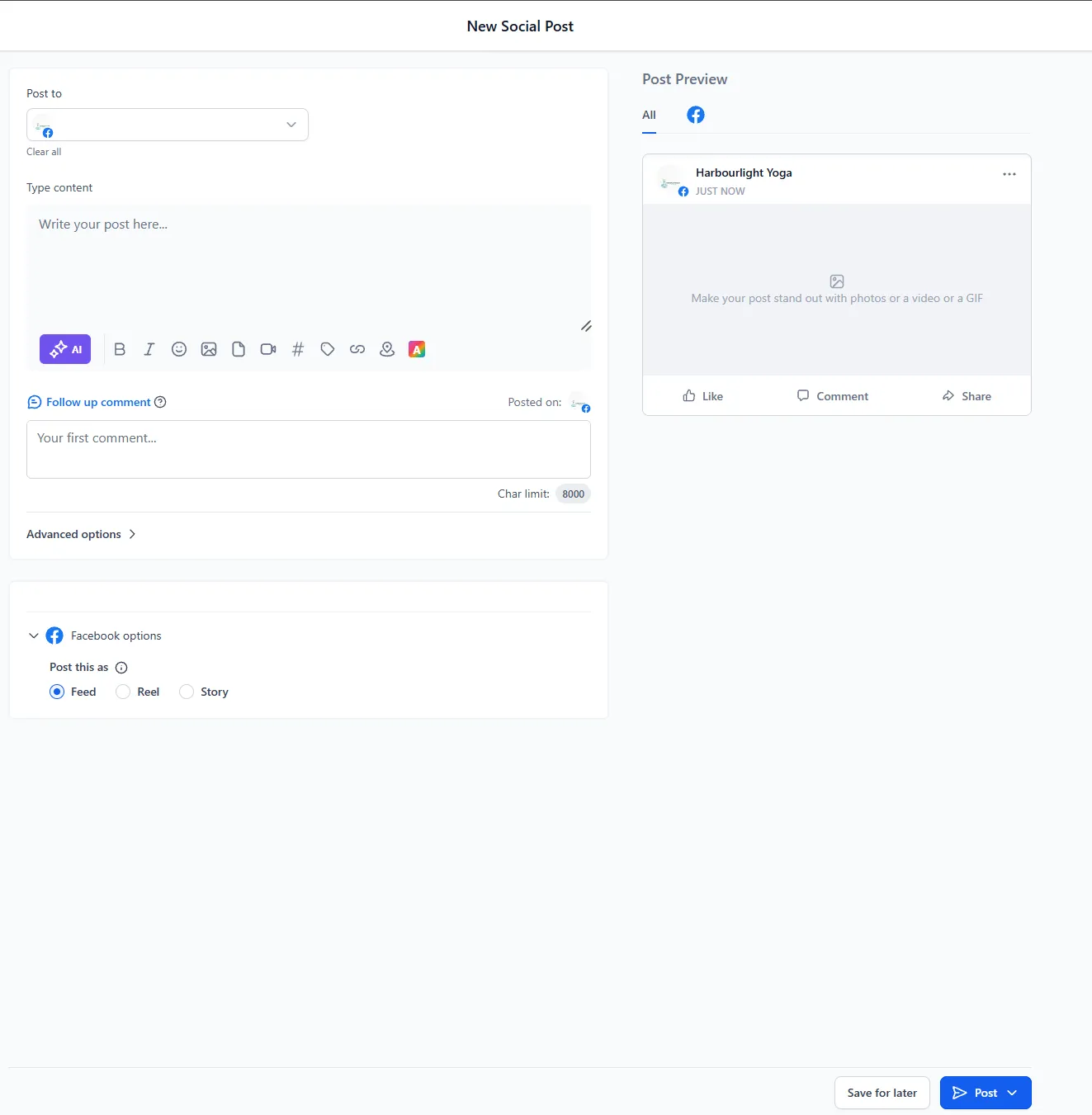 The post composer with the content field, the AI drafting button in the toolbar and a live preview of the post alongside.