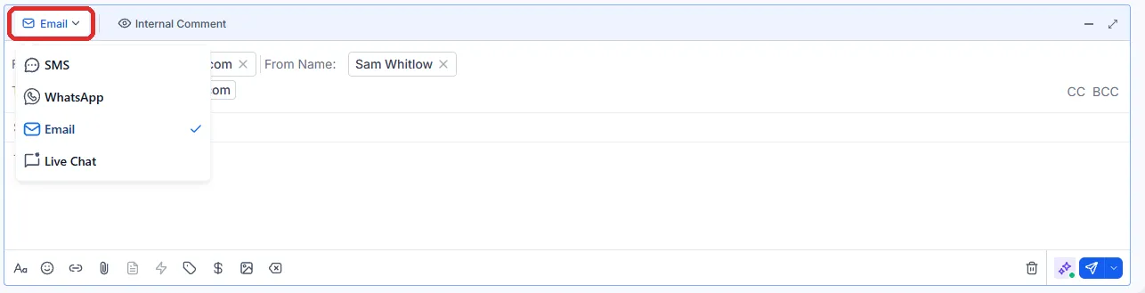 The reply box with the channel picker open, offering SMS, WhatsApp, Email and Live Chat.