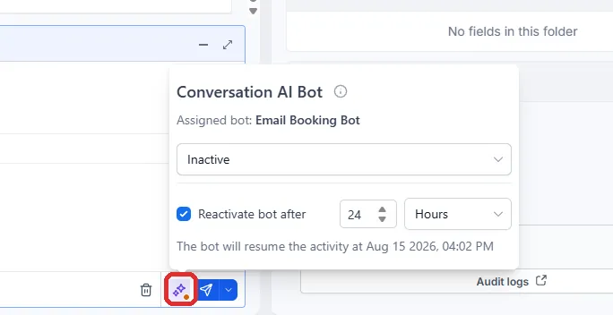 The Conversation AI Bot popover switched to Inactive, with Reactivate bot after set to 24 hours.