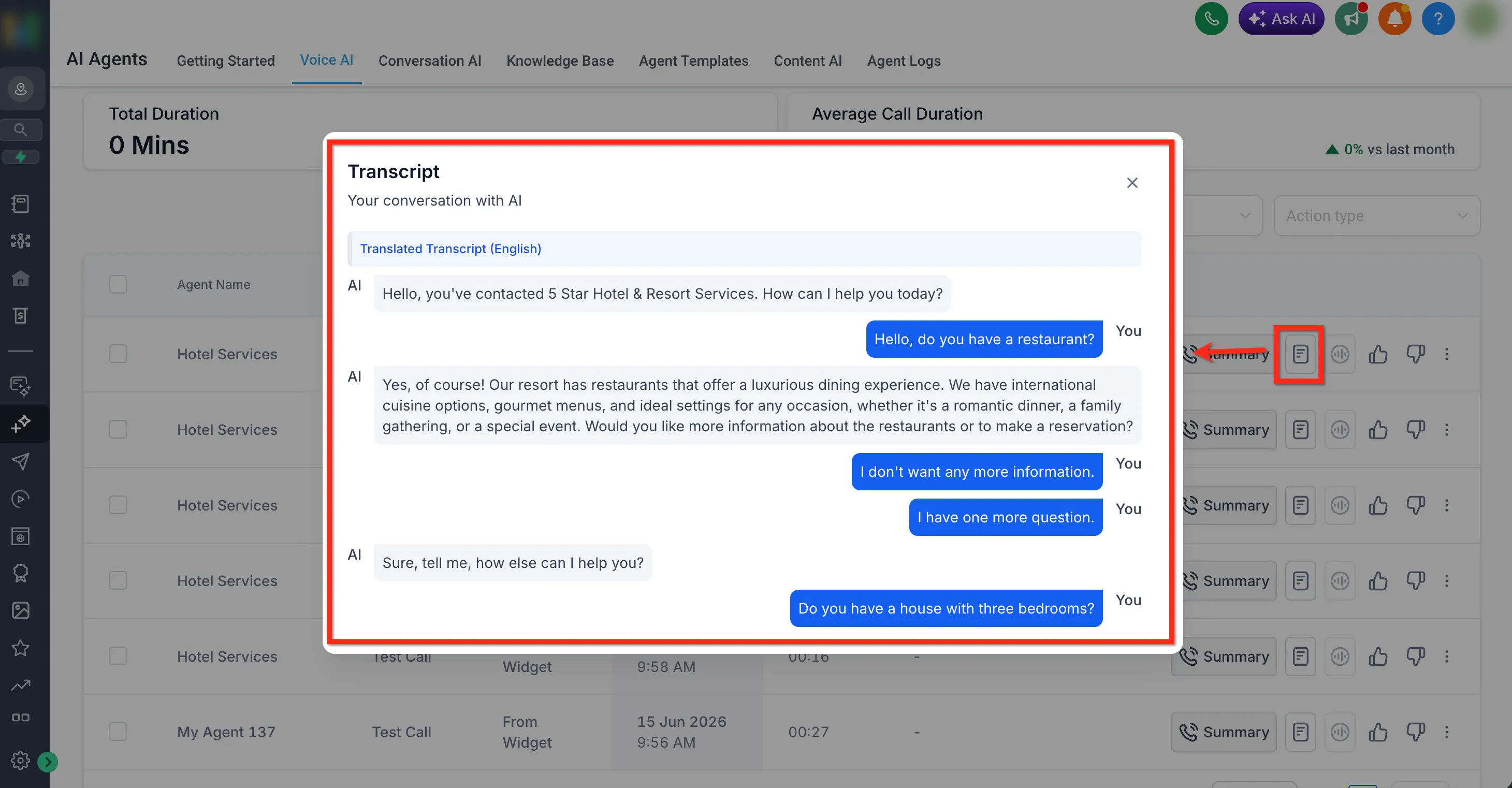 A finished call’s transcript, opened from the call log after a test conversation