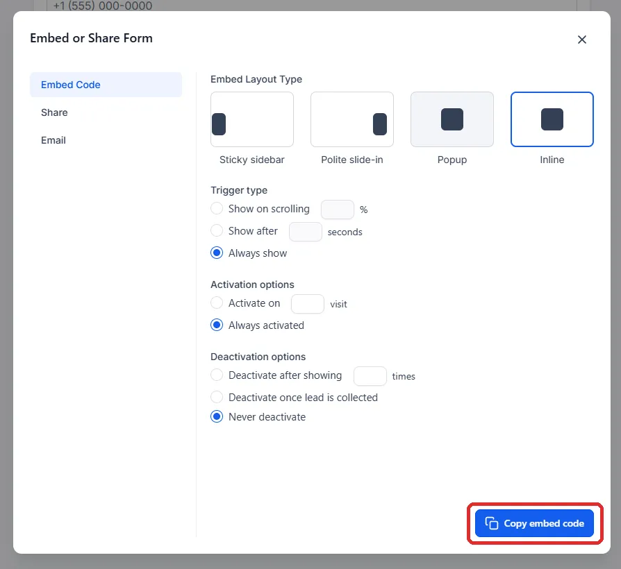 The Embed or Share Form panel with layout options, and the Copy embed code button highlighted in the corner.