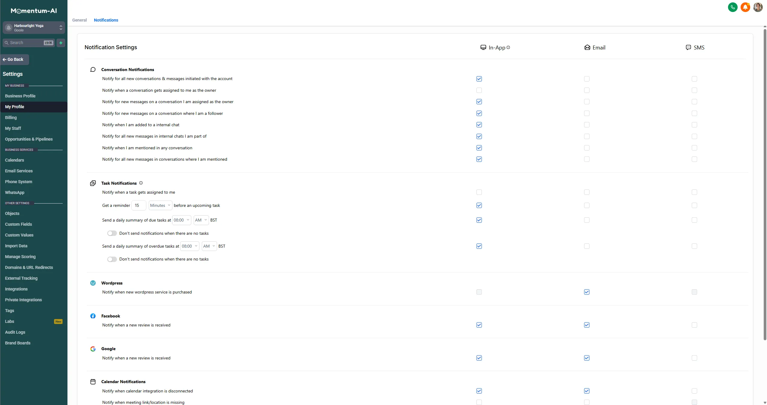The notification settings screen with separate in-app, email and SMS choices for each alert