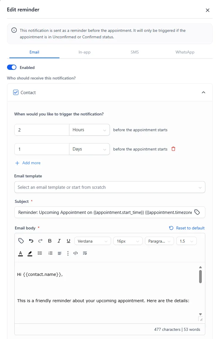 A reminder’s edit screen with triggers set for one day and two hours before the appointment