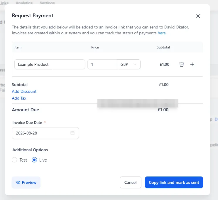 The Request Payment window with an item, price and due date set, ready to send the link into the thread.