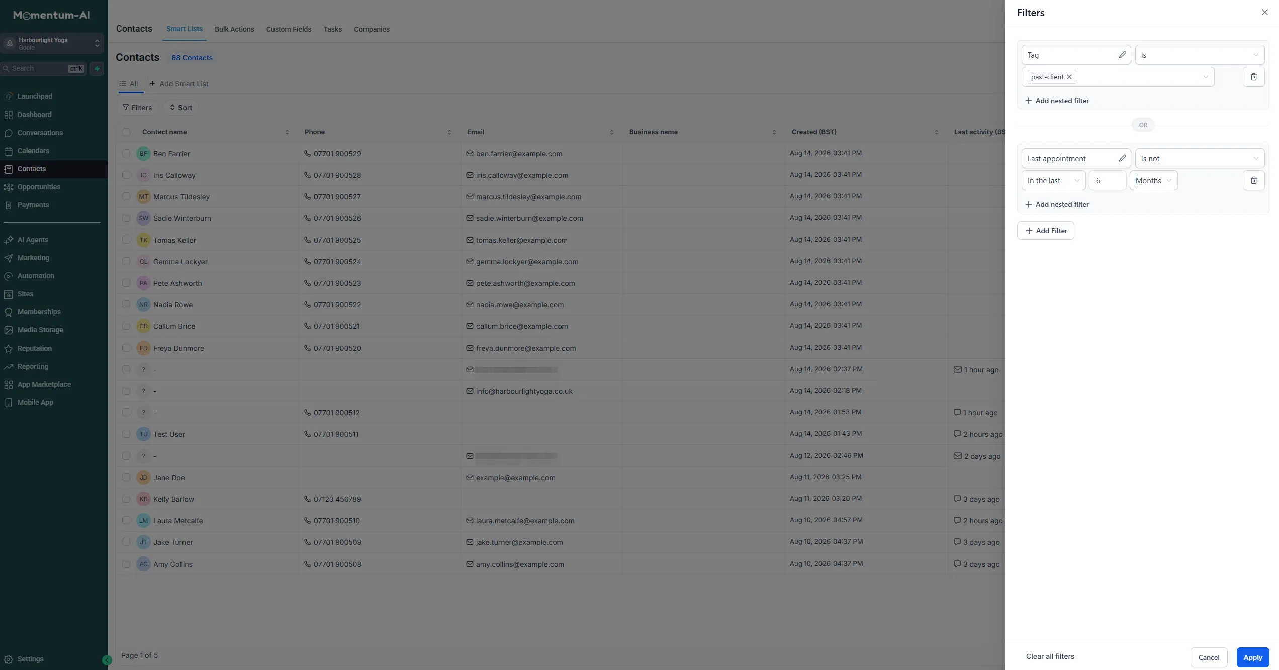 The smart list filter panel combining a past-client tag filter with a last-appointment condition of not in the last six months.