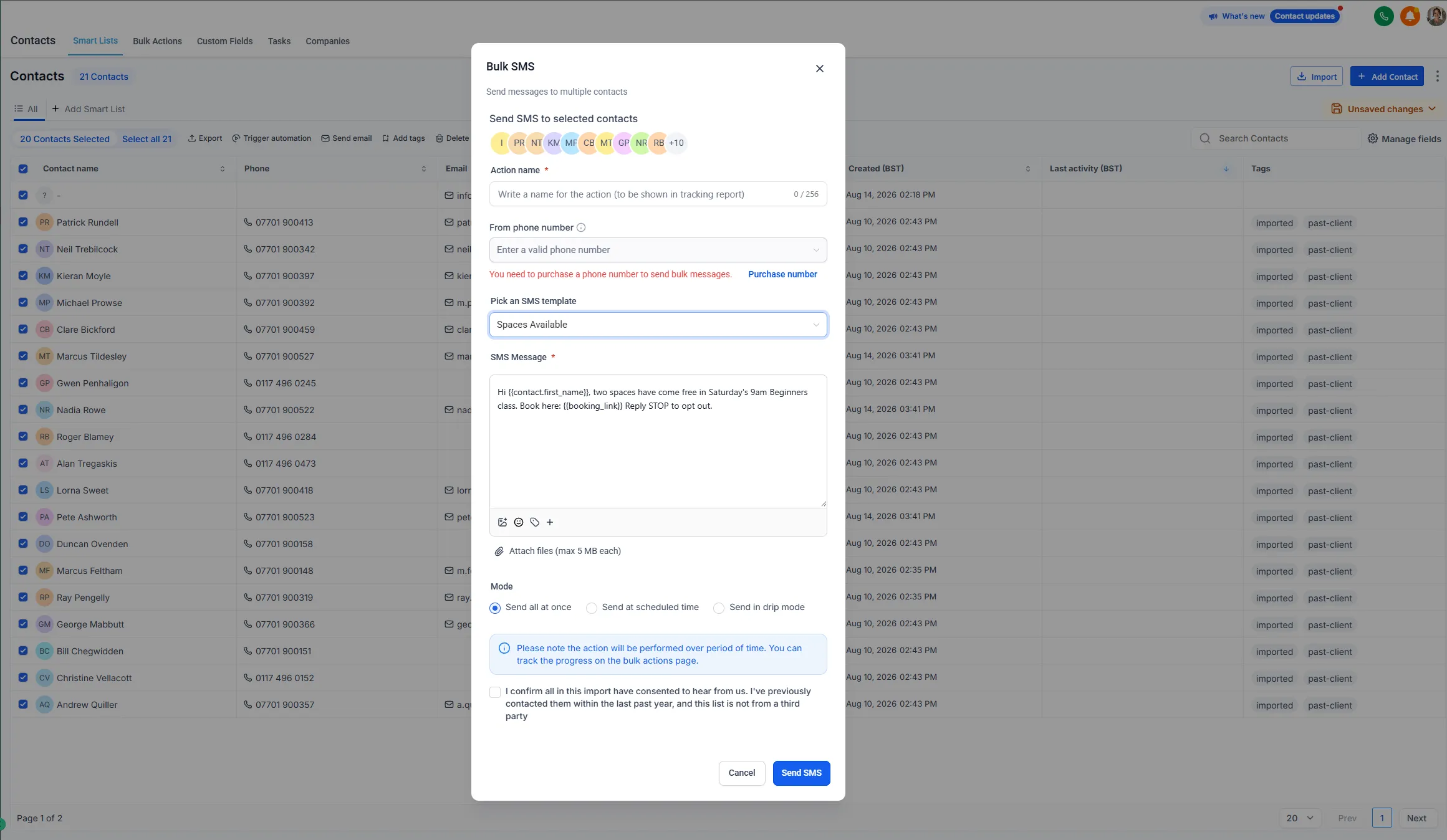 Composing a bulk SMS to a selected list: a short two-sentence message with one booking link and the send options below.