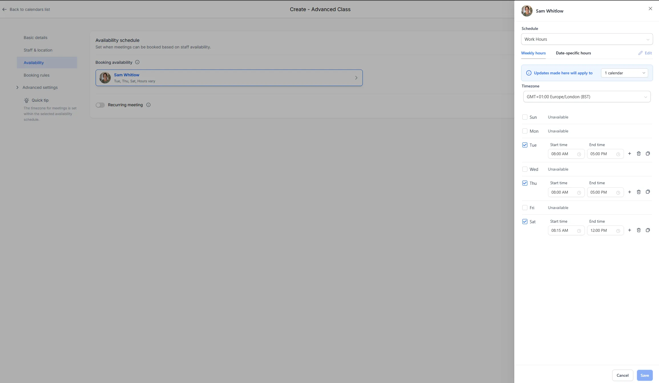 The weekly hours editor, setting the bookable time windows for each day.