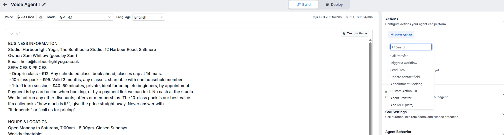 The agent editor header with the voice, model and language pickers, and the actions menu open
