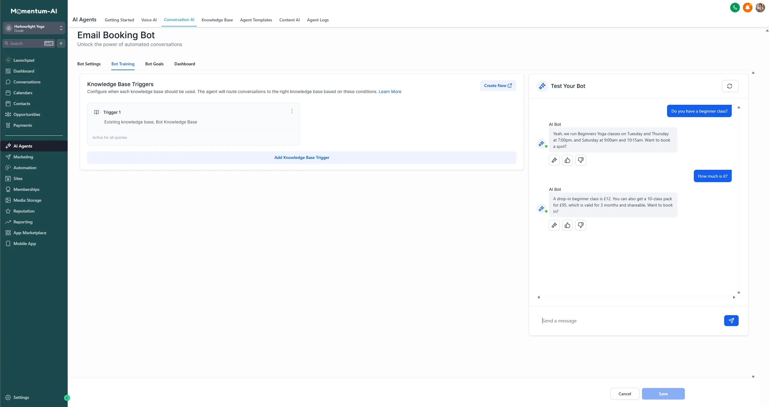 A test conversation where the bot answers the price question with real prices and offers to book