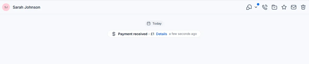 A customer’s contact record with a payment received event logged in their activity.