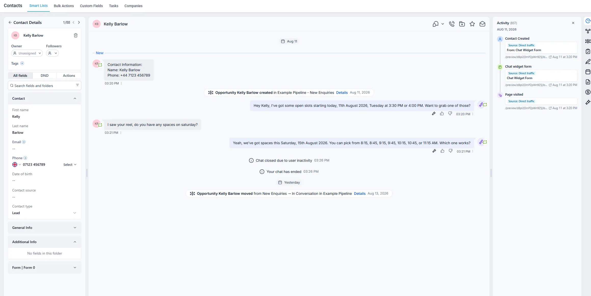 An open contact record with the details panel on the left, the full conversation history in the middle and the activity timeline on the right.