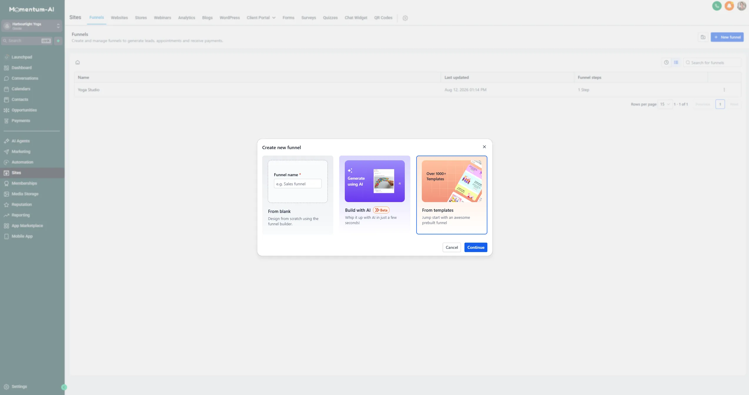 The create-new-funnel choices, with the From templates option selected.