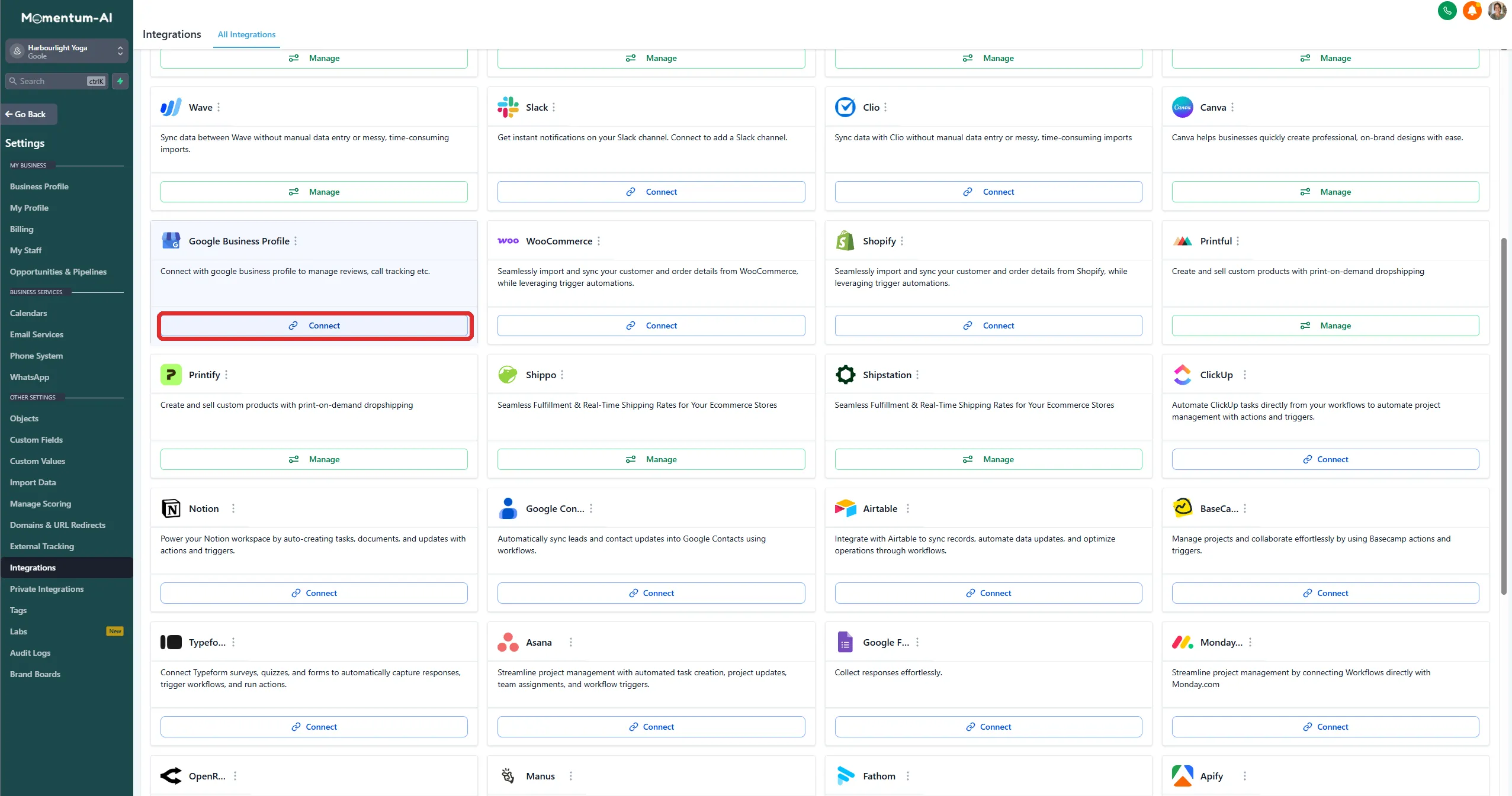 The Integrations page with the Connect button highlighted on the Google Business Profile card