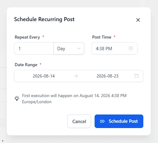 The scheduling options with a repeat pattern, post time and date range set before confirming.