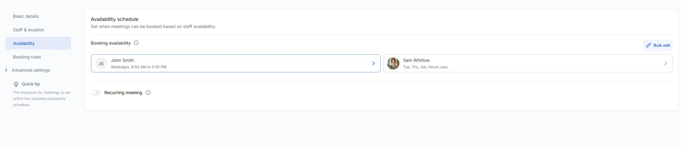 Two team members assigned to one calendar, each with their own booking availability.