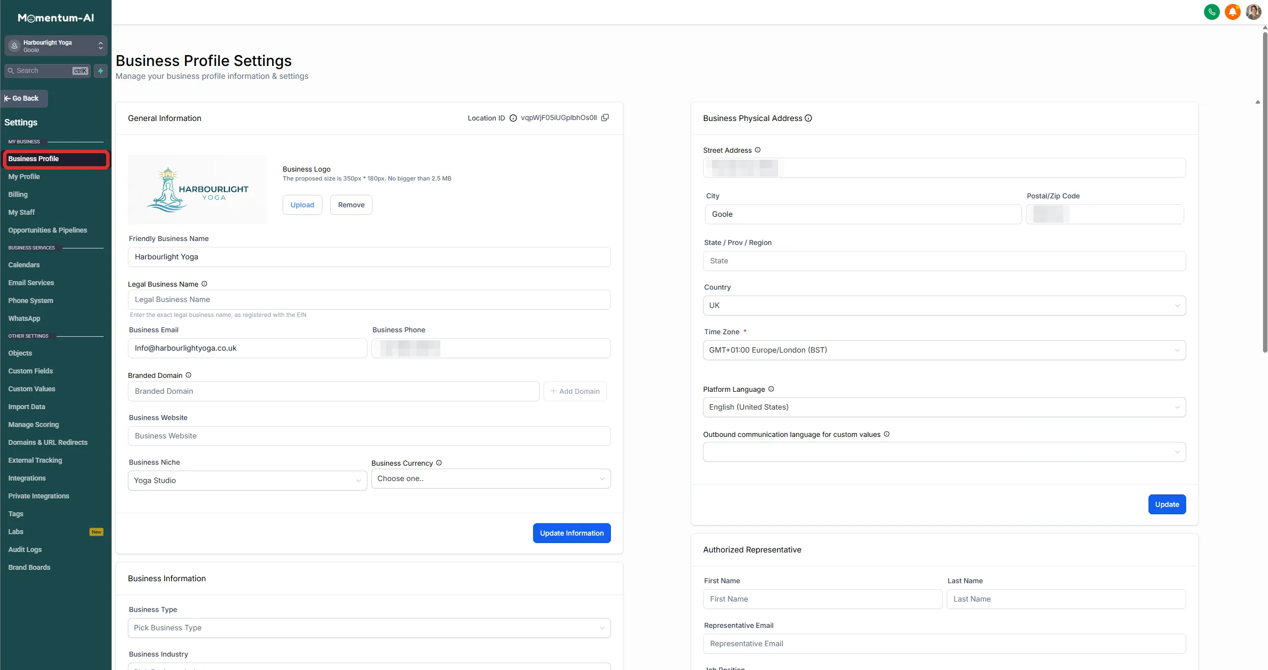 The Business Profile settings page with the logo, business name, contact details and address fields