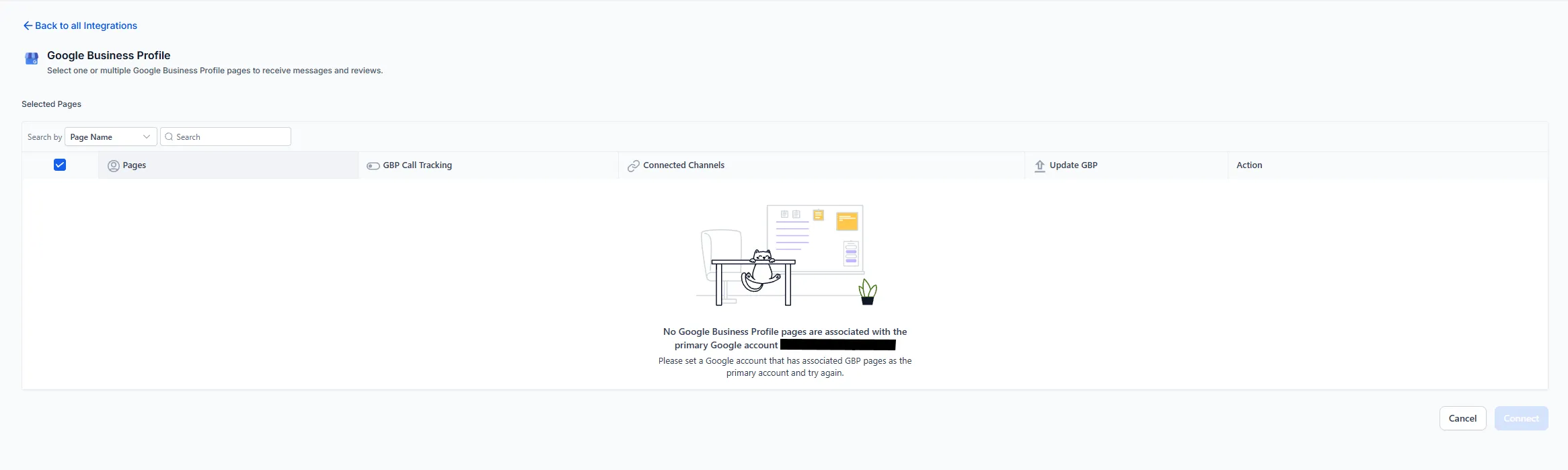 The Google Business Profile page-selection screen shown after authorising the connection