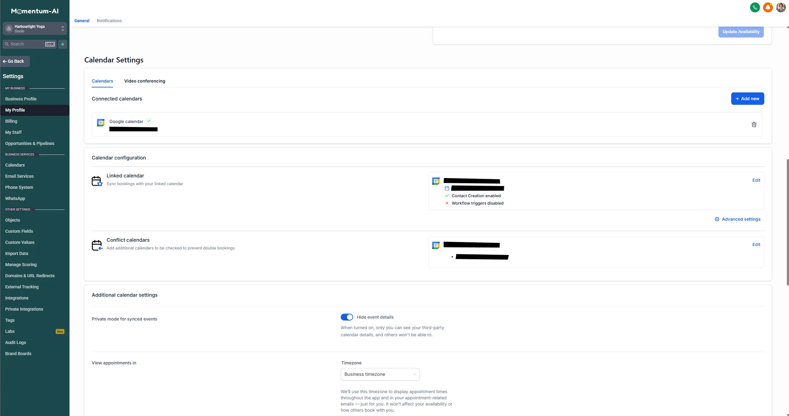 Calendar settings with a Google calendar connected: a linked calendar for two-way sync plus a conflict calendar to prevent double bookings.