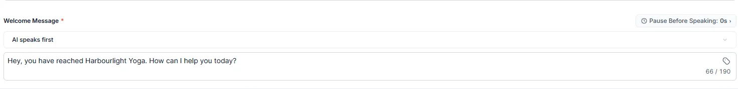 The welcome message set to AI speaks first, with the inbound greeting written out